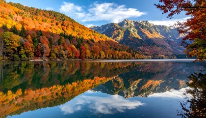 Naklejka premium Lake reflects autumn trees, mountains, blue skies. Gorgeous fall colors, pristine still waters. Nature's beauty
