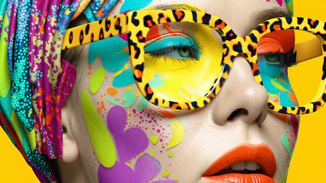 Vibrant pop art portrait caucasian model wearing leopard print sunglasses and red lipstick, geometric color blocks, animal print textures, halftone dots, neon