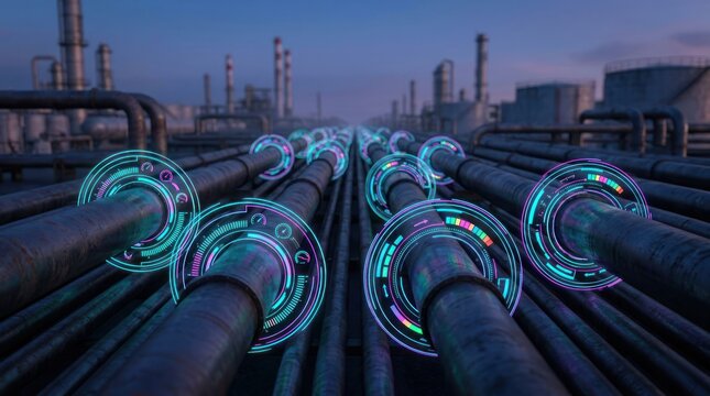 Oil cargo logistics management innovative pipeline systems industrial zone digital visualization futuristic perspective