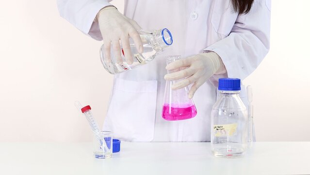 Scientist Pouring Clear Liquid into Erlenmeyer Flask with Pink Solution