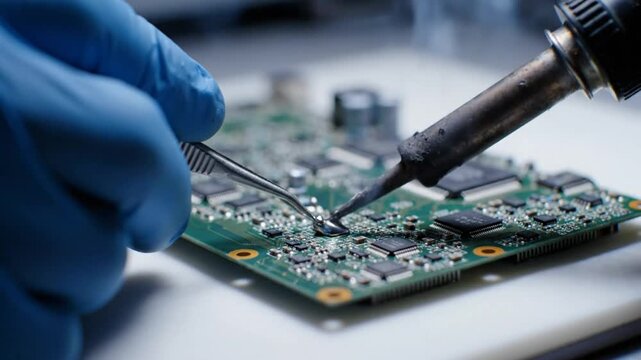 Close-up of a person soldering a microchip to a circuit board with tweezers and a soldering iron