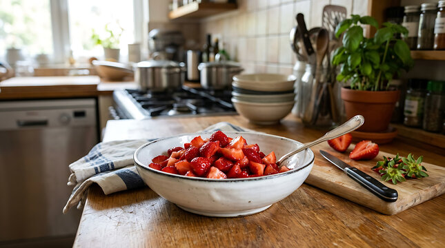Fresh strawberries are being prepared on a kitchen countertop with bowl utensils