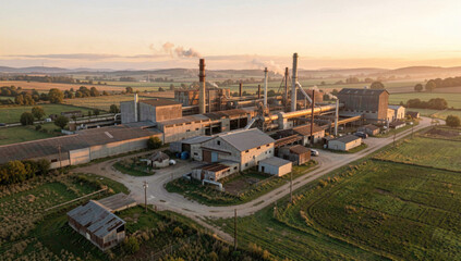 Obraz premium Aerial view of a large industrial factory with smoke emitting from the chimneys, suitable for use in business or environmental reports