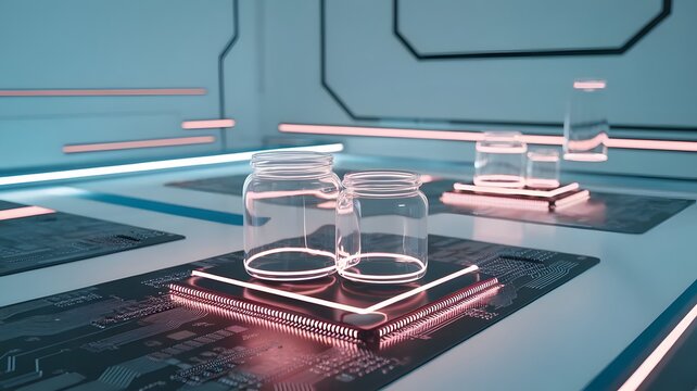 Futuristic server room with glowing data chips and glass cylinders in blue neon lighting
