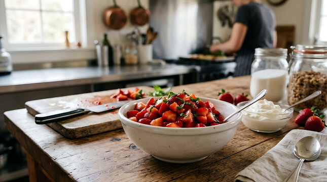 Woman prepares strawberries on kitchen counter with bowl and ingredients