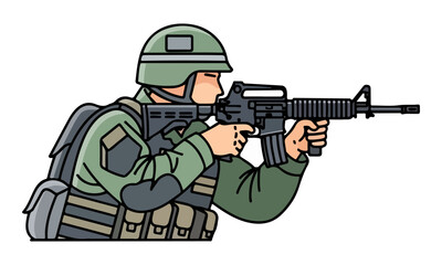Obraz premium Soldier Aiming Assault Rifle Vector Illustration