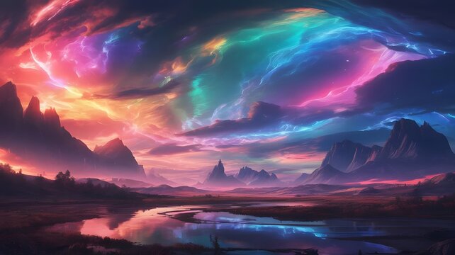 vibrant colorful aurora borealis over mountain range at sunset