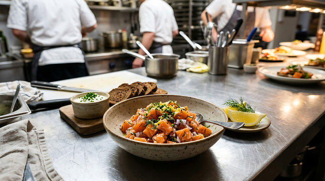 Chefs prepare a vibrant vegetable dish on a kitchen counter with food.