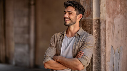 Obraz premium Man's Serene Reflection A handsome man in casual attire radiates peace and happiness, leaning against a classical architectural structure and lost in thought.