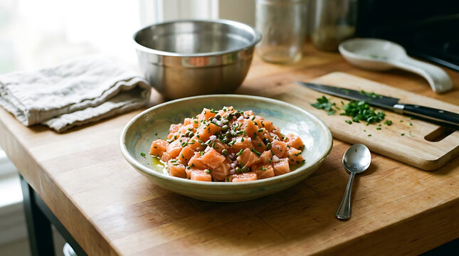 A delicious sweet potato salad is served on a wooden table with a plate spoon and cutting board nearby indoors.