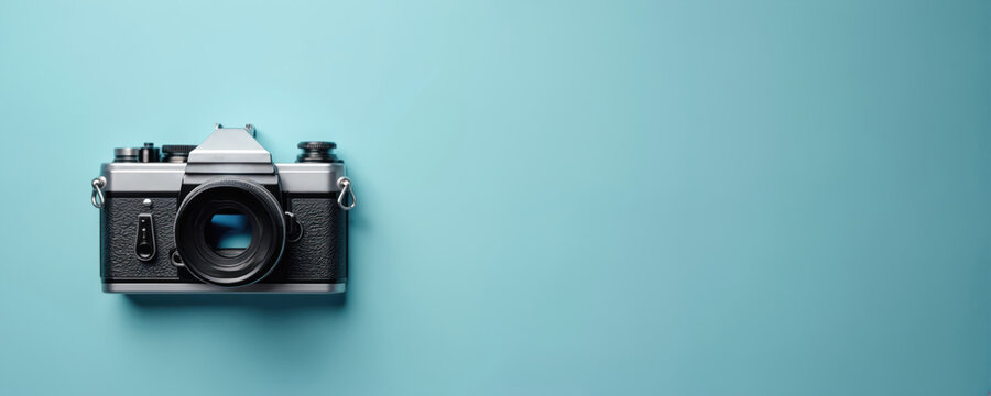 Retro camera rests on plain blue surface. Object top view displays lens and body. Classic analog device, perfect for nostalgic themes or photography lessons. Old school tech inspiration.