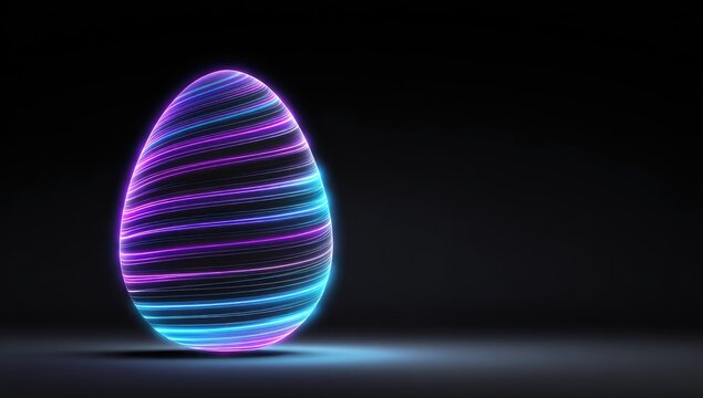 A luminous, egg-shaped object is centrally positioned, emitting neon purple and blue stripes against a dark backdrop