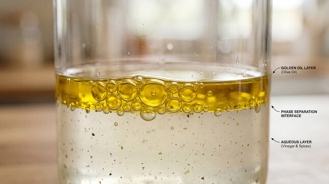 Oil and water mixture in a clear glass container showing separation and bubbles, taken in a kitchen setting during the day
