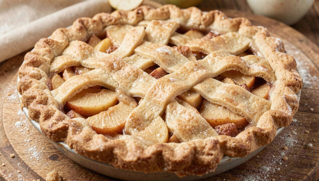 A traditional apple pie with a decorative lattice pattern on top, perfect for food and dessert themed images