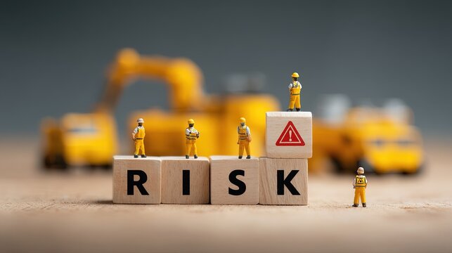 Miniature construction workers standing on wooden blocks with the word risk and an exclamation mark warning sign, industrial safety and risk management concept