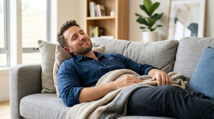 Obraz premium Relaxed man lying on sofa in living room at home.