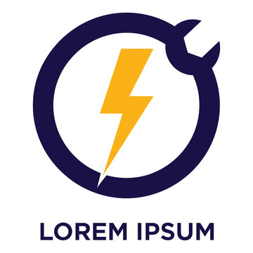 Yellow lightning bolt in a navy blue circular icon with text on white background icon