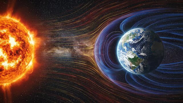 Earth's planetary magnetosphere shields from intense solar wind plasma flow, causing a dynamic geomagnetic storm disturbance, radiating cosmic energy particle emission.