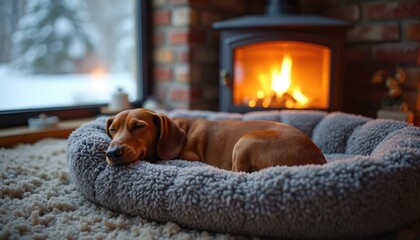 Obraz premium Small dachshund dog slepic peacefully in plush bed near crackling fireplace. Snowy winter scene outside window. Cozy indoor warmth. Domestic animal rest. Content pet.