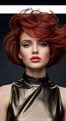 Naklejka premium Portrait of woman with short wavy red hair and dramatic makeup. Represents elegance, confidence, and modern style, ideal for beauty or fashion concepts
