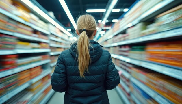 Woman walks fast down grocery store aisle with blurred shelves full of products. Person needs to buy food quickly in supermarket for home. Busy shopping trip.