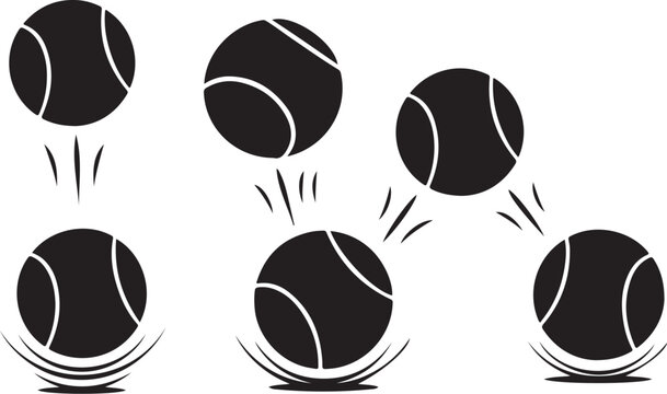 Tennis balls, bouncing balls, sports icons, black and white graphics, vector illustrations