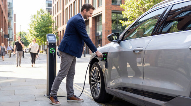 Urban professional charging electric car on downtown street, showing everyday EV lifestyle and clean mobility adoption.