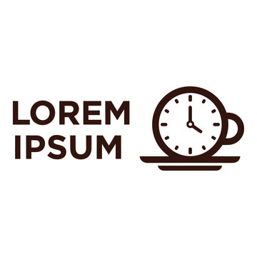 Brown clock on a coffee cup and saucer with lorem ipsum text icon