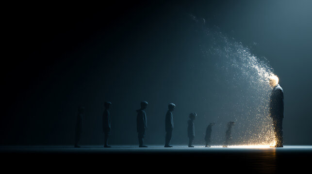 Surreal life progression from childhood to dissolving adulthood, symbolizing mortality, identity, consciousness, transformation, and the fleeting nature of existence