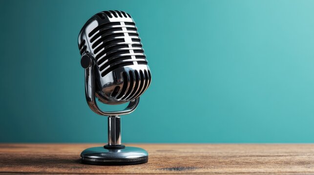 Vintage chrome microphone on a wooden surface against a teal background, studio lighting, retro audio equipment, broadcast, podcasting, recording, music, sound, performance, vintage, nostalgia