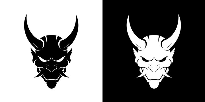 Oni Demon Head Logo Set in Black and White Minimalist Style