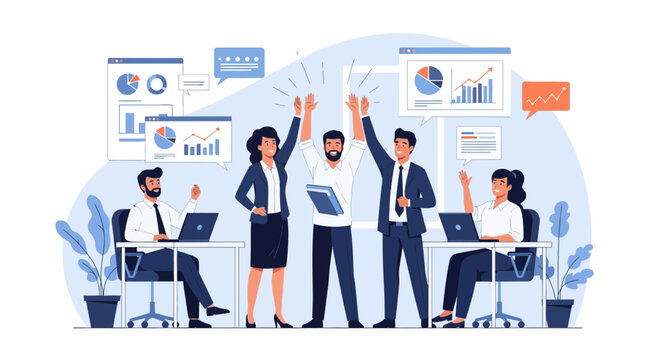 Business team celebrating success with arms raised in an office setting with charts and laptops