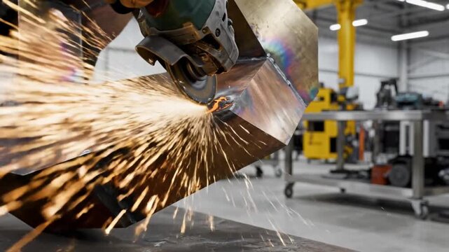 Metalworker grinding metal with sparks flying in industrial workshop creating geometric sculpture