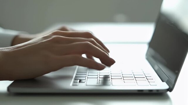 Close-up view of hands typing on a laptop keyboard, focusing on the fingers and keys, symbolizing