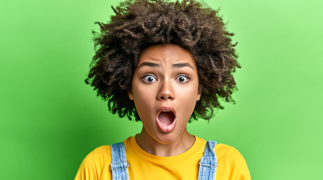 Surprised Expression A portrait of astonishment and disbelief. A person with wide eyes and open mouth displays genuine surprise against a vivid background.