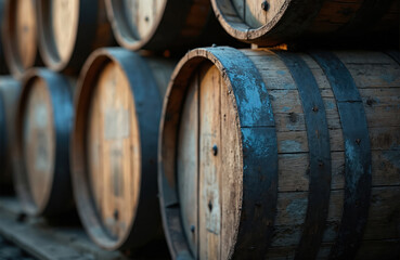 Fototapeta premium Old wooden barrels stacked in cellar. Weathered timber and metal bands show age and use. Perfect for beverage industry, spirits aging, or winery themes.