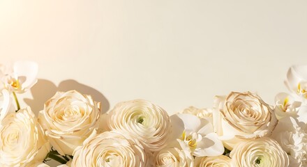 Naklejka premium Soft pastel cream ranunculus and white orchids arranged in a delicate floral border with gentle sunlight and shadows on a light background