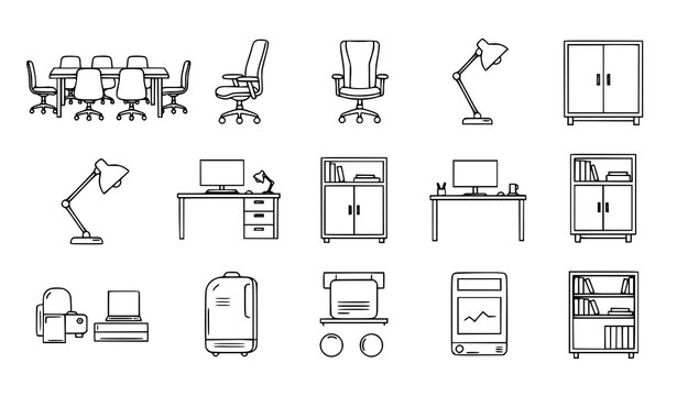Modern office furniture line art icon set with desk chair monitor cabinet and workspace elements minimal vector