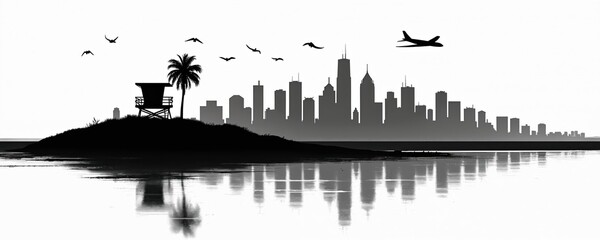 Obraz premium Black silhouette of Los Angeles cityscape featuring skyscrapers, palm tree, lifeguard tower and flying birds above calm water reflection. Airplane flies in distant sky.