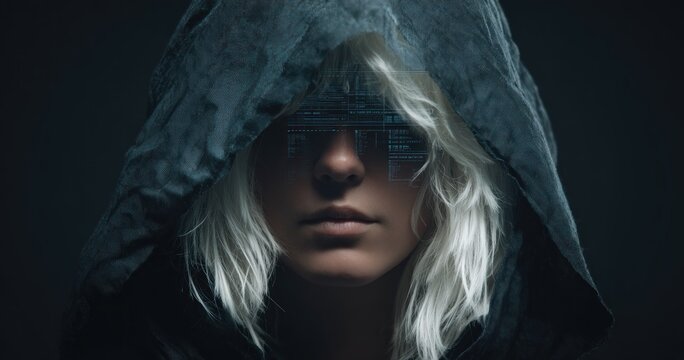 Person in hood with hologram display