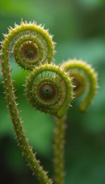 Green fern fiddleheads unfurl in spiral pattern. Young fronds emerge from coiled stems. Delicate plant growth signals spring. Macro view of botanical detail in lush habitat.