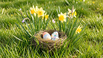 Fototapeta premium A colorful Easter egg nest sitting on a vibrant green field, perfect for spring or holiday-themed designs