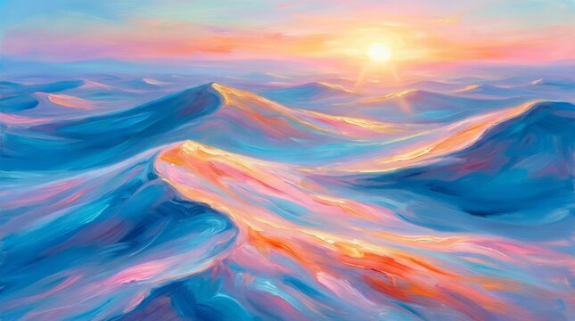 Colorful Abstract Ocean Waves Painting with Sunset Bright Sky