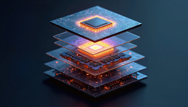 Layered microchip processor circuit board components glow with internal light. Futuristic tech schematic visualizes data processing architecture and intricate electronic hardware design.