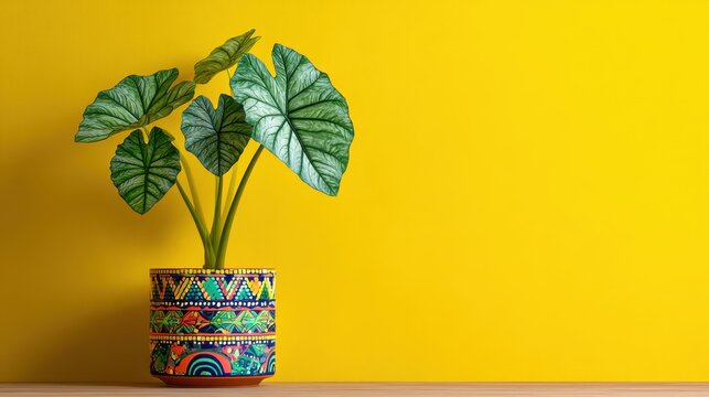 Pixelated Elephant Ear Plant in a Vibrant Mosaic Pot Against a Textured Yellow Wall with Soft Studio Lighting