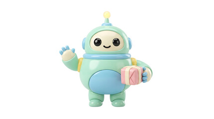 Obraz premium Friendly robot character holding gift isolated on transparent background