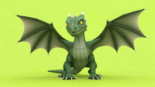 Cute Green Dragon Animated Character with Wings and Scales.