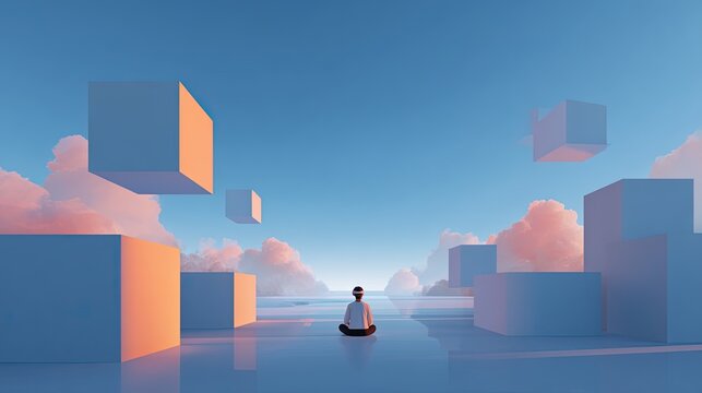 A person wearing a vr headset meditating in a surreal landscape with floating geometric cubes and soft sunset clouds over a reflective surface