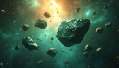 Fototapeta premium Polished meteorite fragments drift in glowing cosmic expanse with distant stars. Asteroids float in deep space, illuminated by sunbursts. Abstract background with celestial bodies and nebulae.