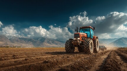 Naklejka premium farm scene with a modern red tractor on prepared soil ready for crops under a sunny blue sky, clean and productive agricultural landscape 
